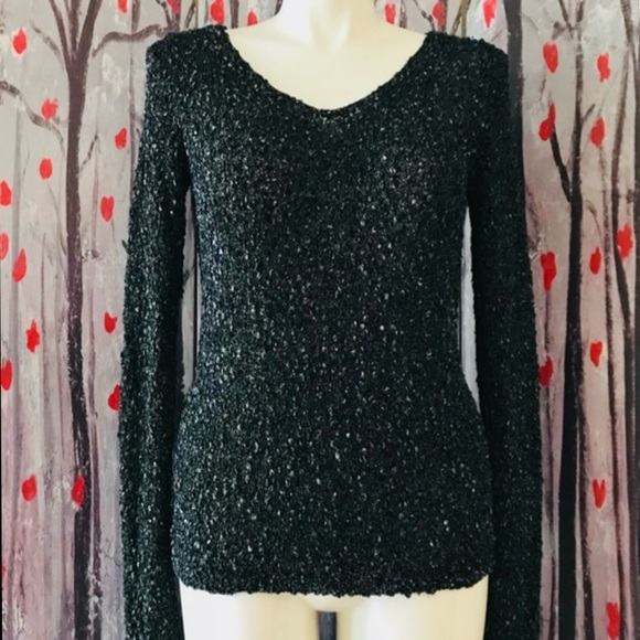 Club Monaco Boucle Sweater Womens SZ Large Wool Blend Long Sleeve VNeck Metallic - Picture 2 of 12